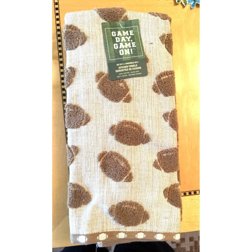 New Game Day Game On Kitchen Towels (2) Football Brown Cream 100% Cotton NWT